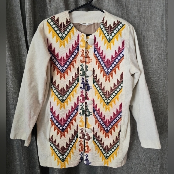 70s Mexican Linen Tapestry Jacket Womens Size M Aztec Chevron - Picture 1 of 6